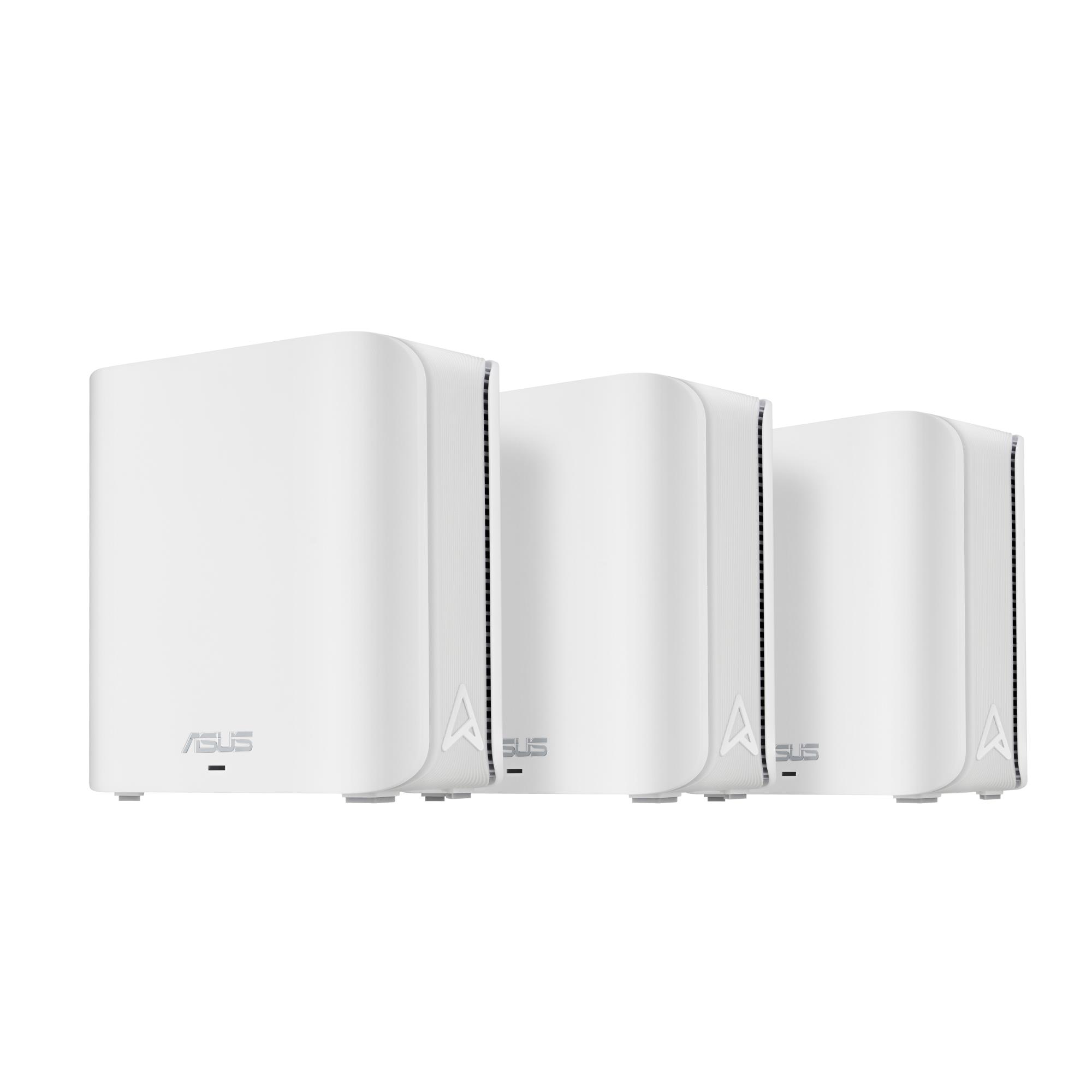 Wireless Router ASUS ZenWiFi BD4 Product type Mesh router Qtty 3 pc s  Wi-Fi band Dual-band  2 4 GHz   5 GHz  Wi-Fi 7  802 11be  Ethernet WAN Yes 2xEthernet LAN  RJ-45  ports WLAN speed 2882 Mbit s Internal memory 512 MB Flash memory 128 MB White 90IG0960-MO3C40