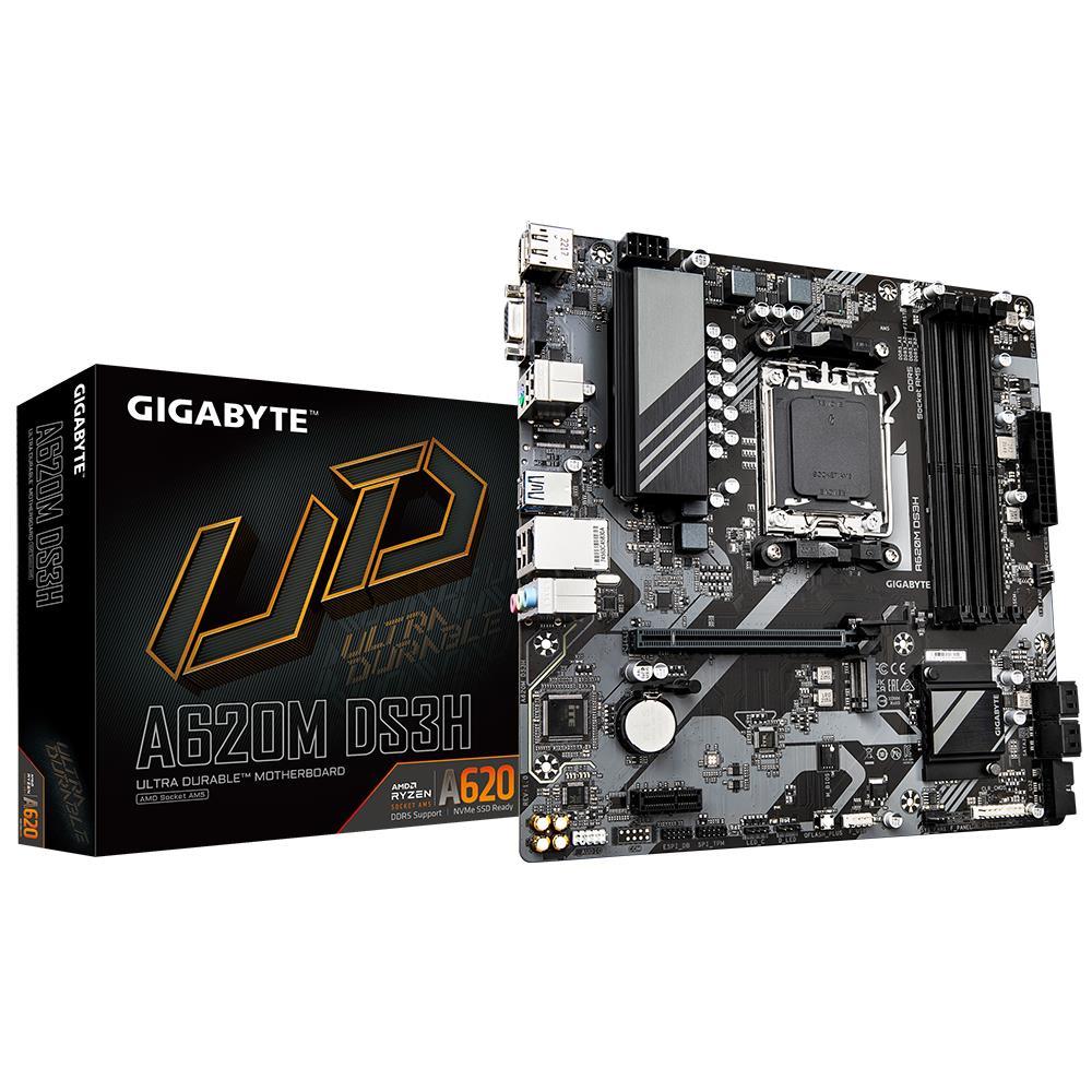 Mainboard GIGABYTE AMD A620 SAM5 Micro-ATX Memory DDR5 Memory slots 4 1xPCI-Express 4x 1xPCI-Express 3 0 1x 1xM 2 1x15pin D-sub 1xHDMI 1xDisplayPort 4xUSB 2 0 1xUSB 3 2 1xUSB-C 1xPS 2 1xRJ45 3xAudio port A620MDS3H1 1