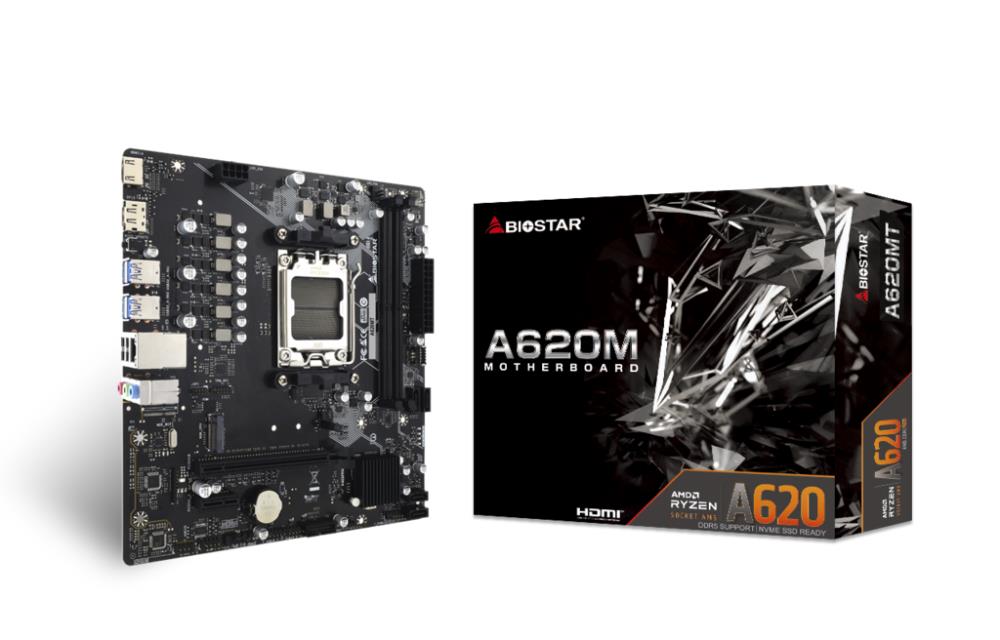 Mainboard BIOSTAR AMD A620 SAM5 Micro-ATX Memory DDR5 Memory slots 2 1xPCI-Express 3 0 1x 1xPCI-Express 4 0 16x 1xM 2 1xHDMI 1xDisplayPort 2xUSB 2 0 4xUSB 3 2 1xRJ45 3xAudio port A620MT
