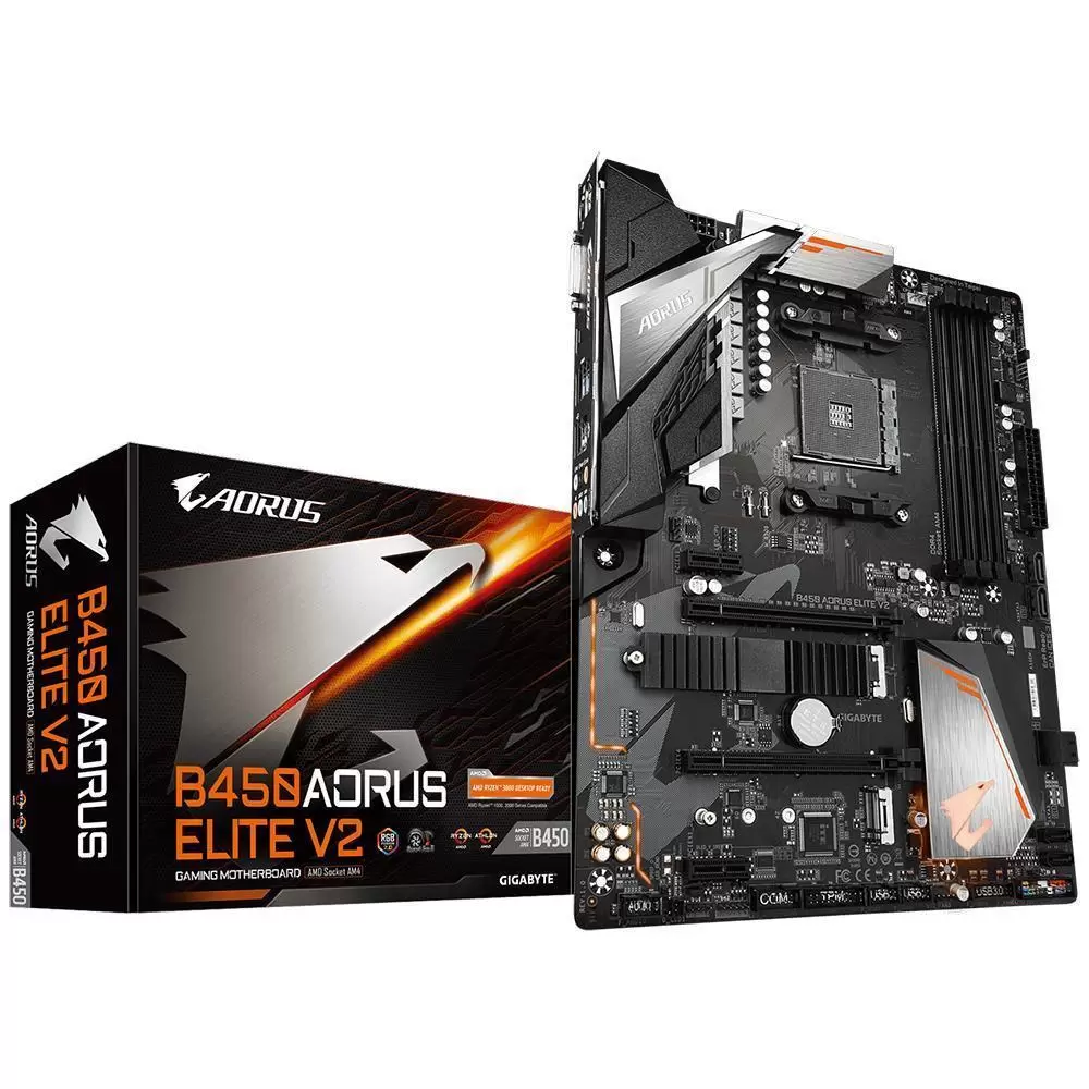 Mainboard GIGABYTE AMD B450 SAM4 ATX Memory DDR4 Memory slots 4 2xPCI-Express 2.0 1x 1xPCI-Express 2.0 4x 1xPCI-Express 3.0 16x 2xM.2 1xDVI-D 1xHDMI 4xUSB 2.0 4xUSB 3.2 1xPS 2 1xRJ45 6xAudio port B450AORUSELITEV21.2