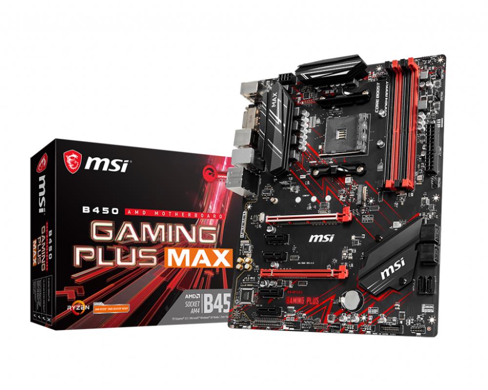Mainboard MSI AMD B450 SAM4 ATX 4xPCI-Express 1x 2xPCI-Express 16x 1xM.2 Memory DDR4 Memory slots 4 1xDVI 1xHDMI 2xUSB 2.0 4xUSB 3.2 1xPS 2 1xRJ45 6xAudio port B450GAMINGPLUSMAX