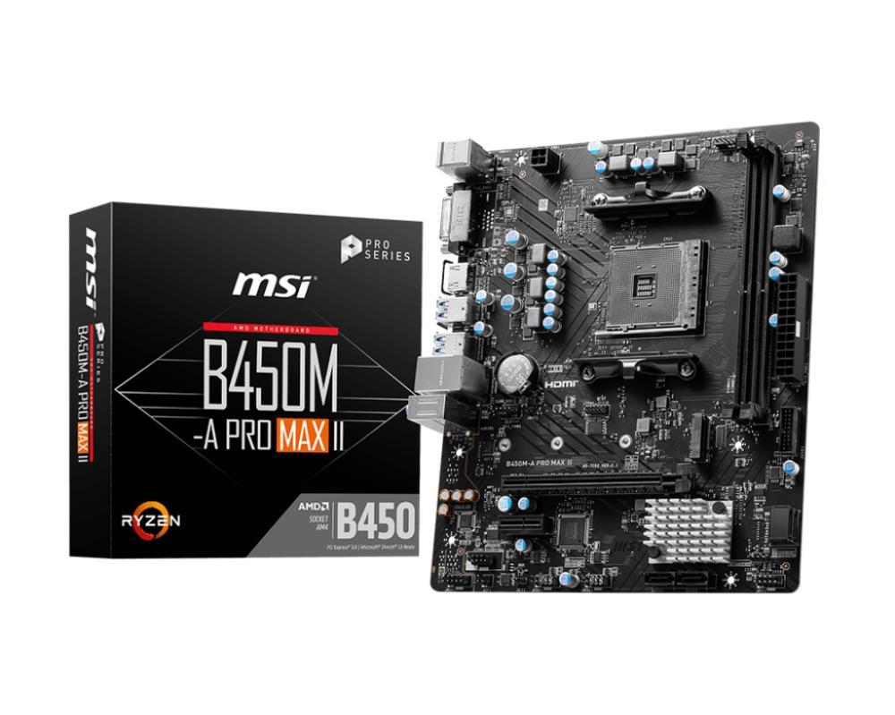 Mainboard MSI AMD B450 SAM4 Micro-ATX Memory DDR4 Memory slots 2 1xPCI-Express 2.0 1x 1xPCI-Express 3.0 16x 1xM.2 1xDVI-D 1xHDMI 2xUSB 2.0 4xUSB 3.2 2xPS 2 1xRJ45 3xAudio port B450M-APROMAXII