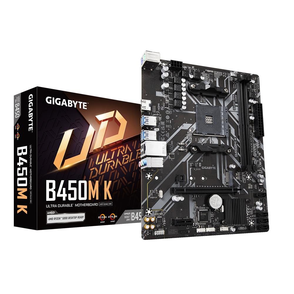 Mainboard GIGABYTE AMD B450 SAM4 Micro-ATX Memory DDR4 Memory slots 2 1xPCI-Express 2.0 1x 1xPCI-Express 3.0 16x 1xM.2 1xHDMI 2xUSB 2.0 4xUSB 3.2 2xPS 2 1xRJ45 3xAudio port B450MK