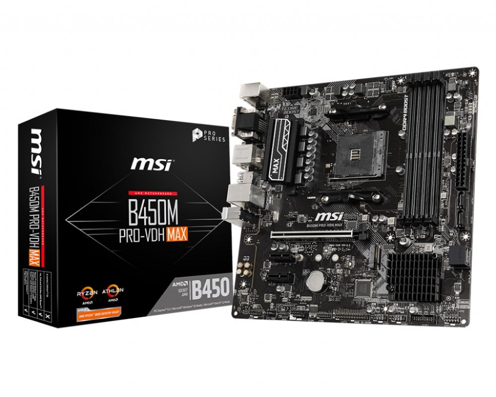 Mainboard MSI AMD B450 SAM4 MicroATX 2xPCI-Express 2.0 1x 1xPCI-Express 3.0 16x 1xM.2 Memory DDR4 Memory slots 4 1x15pin D-sub 1xDVI 1xHDMI 4xUSB 2.0 4xUSB 3.2 1xPS 2 1xRJ45 3xAudio port B450MPRO-VDHMAX