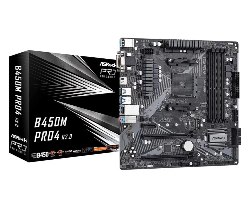 Mainboard ASROCK AMD B450 SAM4 Micro-ATX Memory DDR4 Memory slots 4 1xPCI-Express 2 0 1x 1xPCI-Express 2 0 16x 1xPCI-Express 3 0 16x 2xM 2 1x15pin D-sub 1xDVI-D 1xHDMI 2xAudio-In 1xAudio-Out 2xUSB 2 0 5xUSB 3 2 1xUSB-C 1xPS 2 1xRJ45 B450MPRO4R2 0