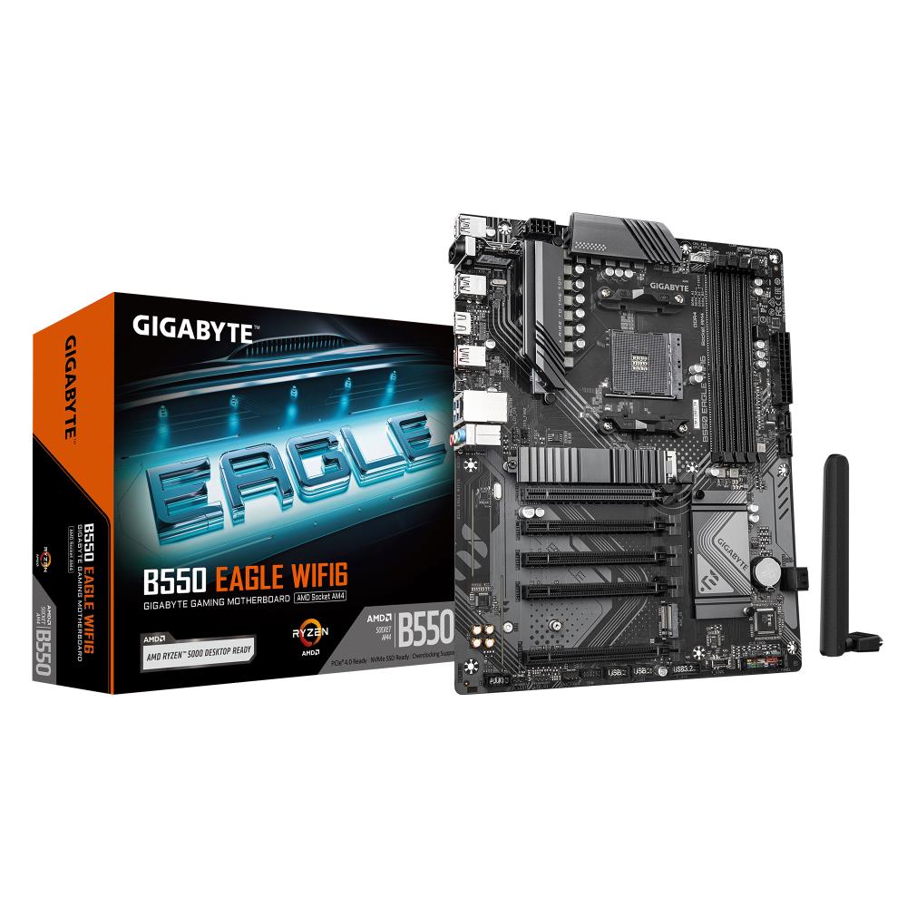 Mainboard GIGABYTE AMD B550 SAM4 ATX Memory DDR4 Memory slots 4 4xPCI-Express 1x 1xPCI-Express 16x 2xM 2 1xHDMI 1xAudio-In 1xAudio-Out 1xMicrophone 4xUSB 2 0 3xUSB 3 2 1xUSB-C 1xRJ45 B550EAGLEWIFI61 0