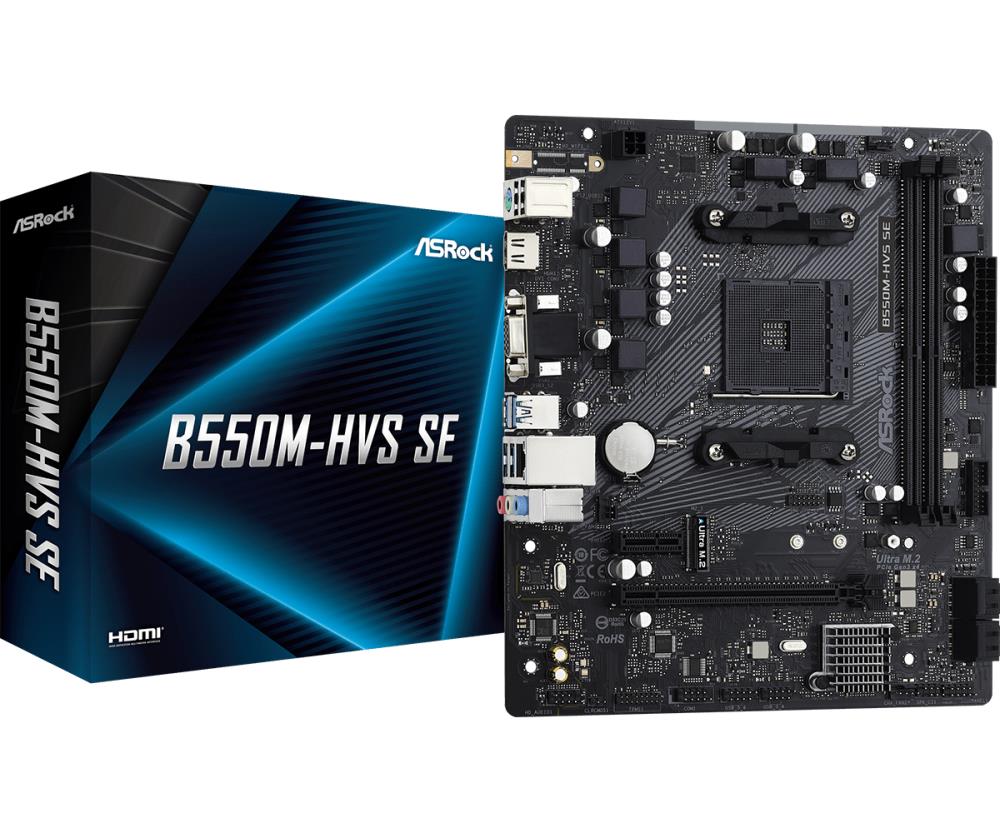 Mainboard ASROCK AMD PRO 565 SAM4 Micro-ATX Memory DDR4 Memory slots 2 1xPCI-Express 3.0 1x 1xPCI-Express 4.0 16x 1xM.2 1x15pin D-sub 1xHDMI 1xAudio-In 1xAudio-Out 1xMicrophone 2xUSB 2.0 4xUSB 3.2 1xPS 2 1xRJ45 B550M-HVSSE