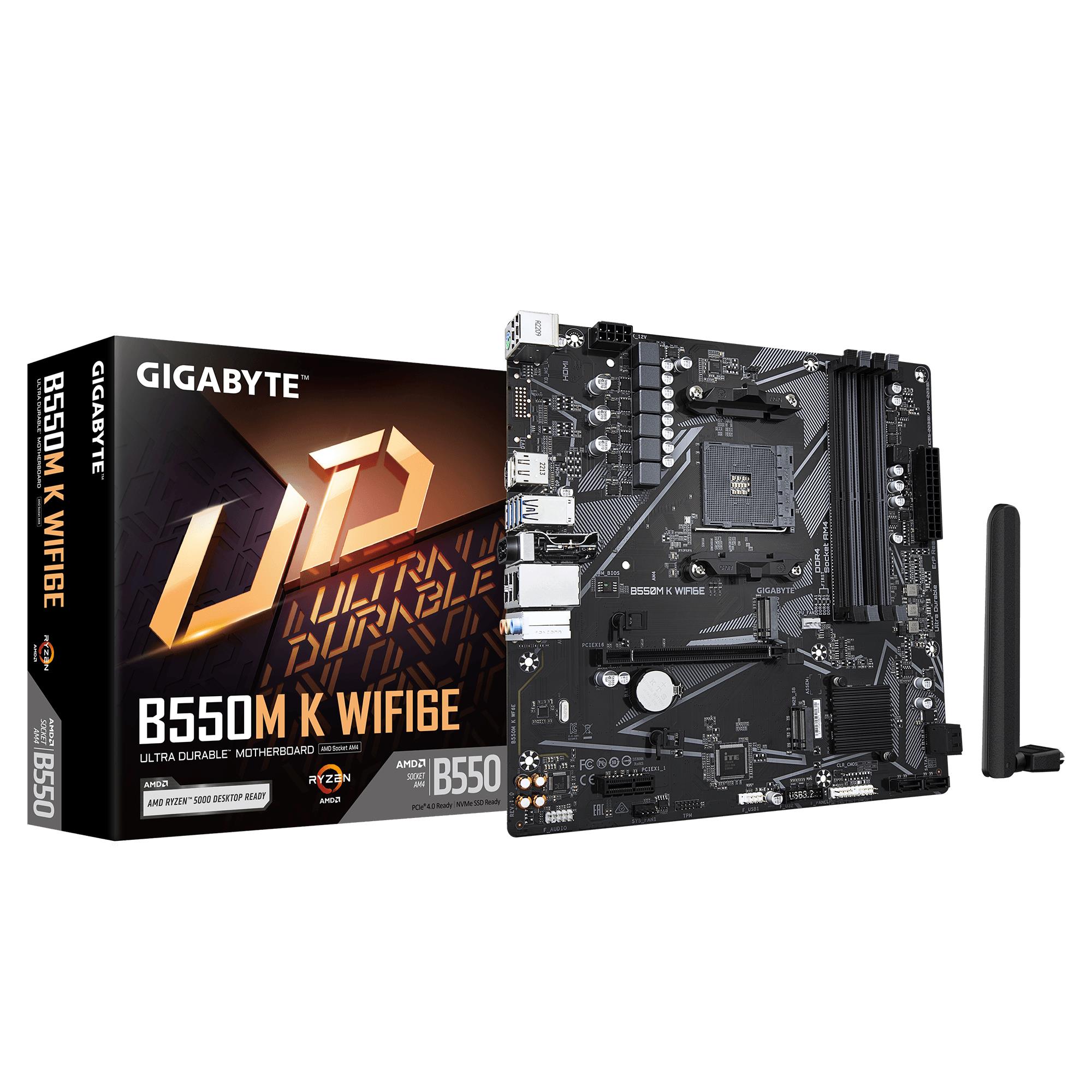 Mainboard GIGABYTE AMD B550 Socket AM4 micro ATX RAM DDR4-SDRAM 4xSlots Wi-Fi Yes Bluetooth Yes 2xNumber of M 2  M  slots GIGABYTE B550M K WIFI6E B550MKWF6E