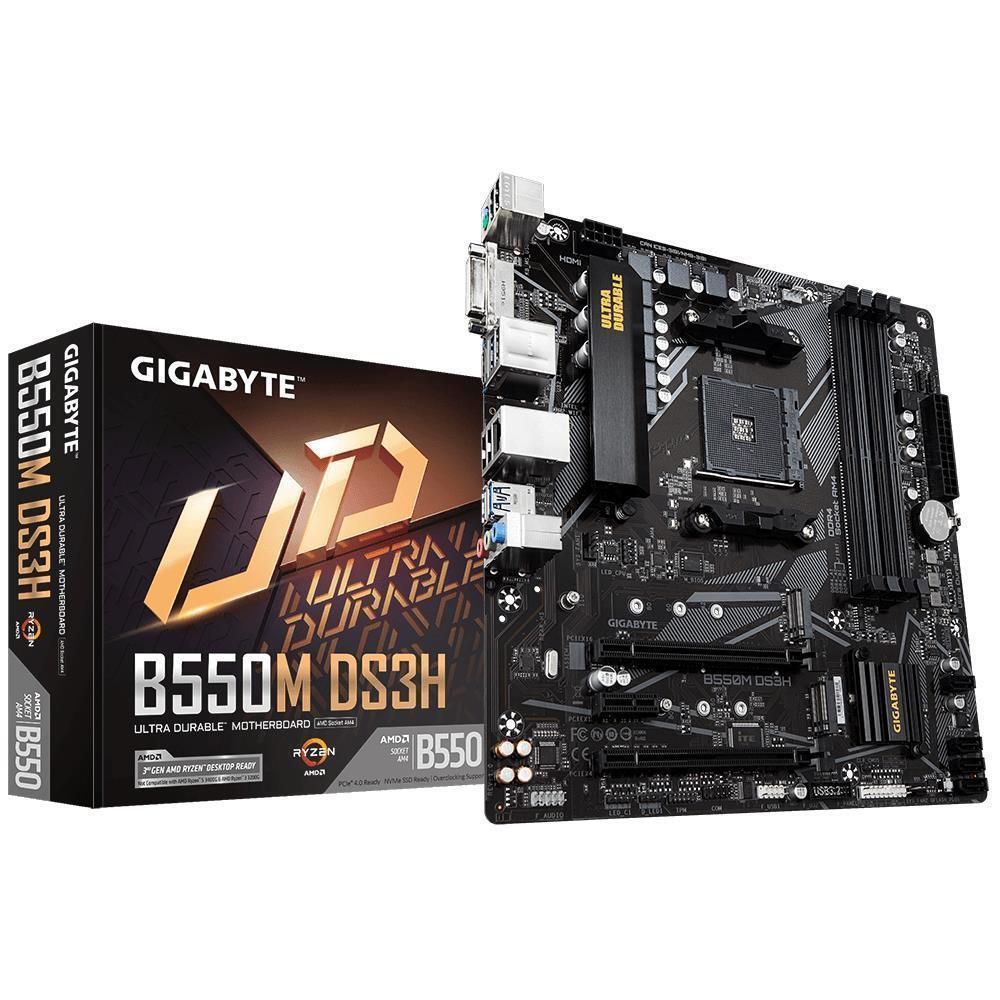 Mainboard GIGABYTE AMD B550 SAM4 Micro-ATX Memory DDR4 Memory slots 4 1xPCI-Express 3.0 1x 1xPCI-Express 3.0 4x 1xPCI-Express 4.0 16x 2xM.2 1xDVI-D 1xHDMI 2xAudio-In 1xAudio-Out 4xUSB 2.0 4xUSB 3.2 1xPS 2 1xRJ45 B550MDS3H1.5