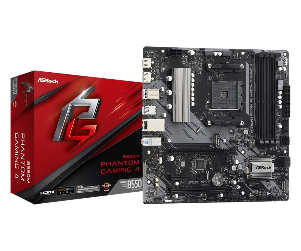 Mainboard ASROCK AMD B550 SAM4 MicroATX 1xPCI-Express 3 0 1x 1xPCI-Express 3 0 4x 2xM 2 1xPCI-Express 4 0 16x Memory DDR4 Memory slots 4 1xHDMI 1xDisplayPort 2xAudio-In 1xAudio-Out 2xUSB 2 0 4xUSB 3 2 1xPS 2 1xRJ45 B550MPHANTOMGAMING4