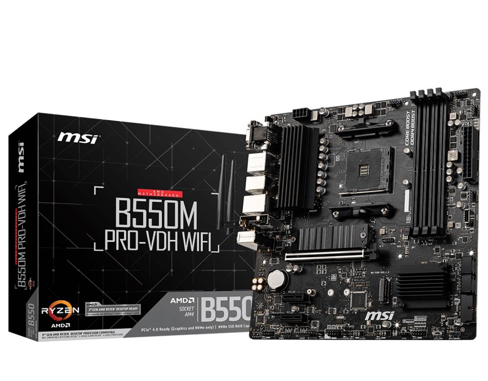 Mainboard MSI AMD B550 SAM4 MicroATX 2xPCI-Express 3 0 1x 2xM 2 1xPCI-Express 4 0 16x Memory DDR4 Memory slots 4 1x15pin D-sub 1xHDMI 1xDisplayPort 2xUSB 2 0 4xUSB 3 2 1xPS 2 1xRJ45 3xAudio port B550MPRO-VDHWIFI