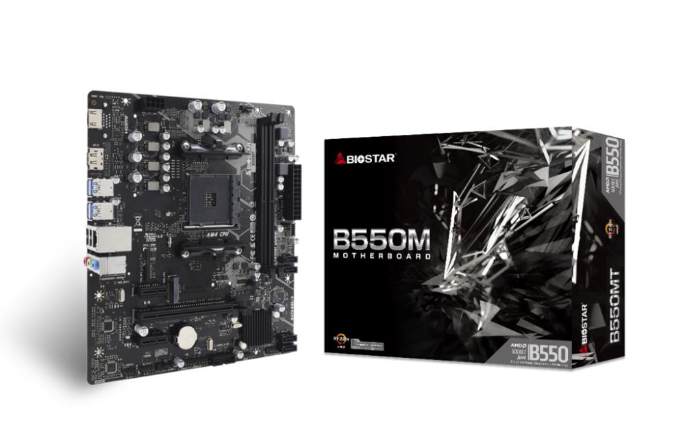 Mainboard BIOSTAR AMD B550 SAM4 Micro-ATX Memory DDR4 Memory slots 2 2xPCI-Express 3 0 1x 1xPCI-Express 3 0 16x 1xPCI-Express 4 0 16x 1xM 2 1x15pin D-sub 1xHDMI 1xDisplayPort 6xUSB 2 0 6xUSB 3 2 1xUSB-C 3xAudio port B550MT