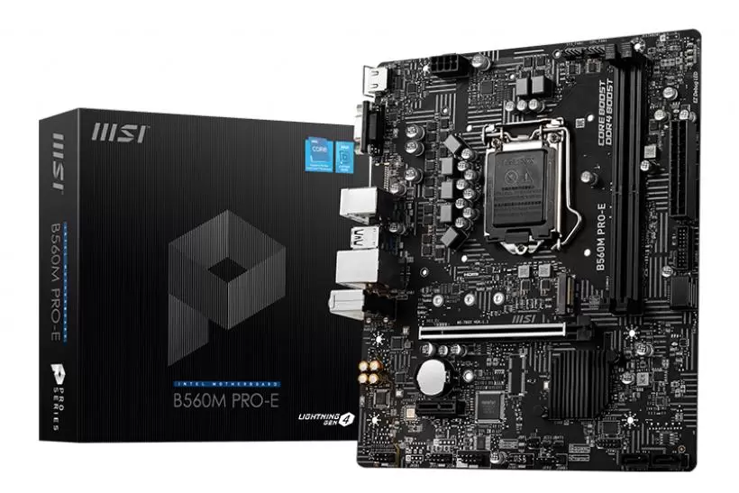 Mainboard MSI Intel B560 LGA1200 MicroATX Memory DDR4 Memory slots 2 1xPCI-Express 3.0 1x 1xPCI-Express 4.0 16x 1xM.2 1x15pin D-sub 1xHDMI 2xAudio-In 1xAudio-Out 4xUSB 2.0 2xUSB 3.2 1xPS 2 1xRJ45 B560MPRO-E