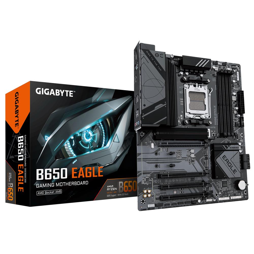Mainboard GIGABYTE AMD B650 SAM5 ATX Memory DDR5 Memory slots 4 1xPCI-Express 16x 3xPCI-Express 3 0 16x 3xM 2 1xHDMI 1xDisplayPort 1xAudio-In 1xAudio-Out 1xMicrophone 6xUSB 2 0 2xUSB 3 2 1xUSB-C 1xPS 2 1xRJ45 B650EAGLE