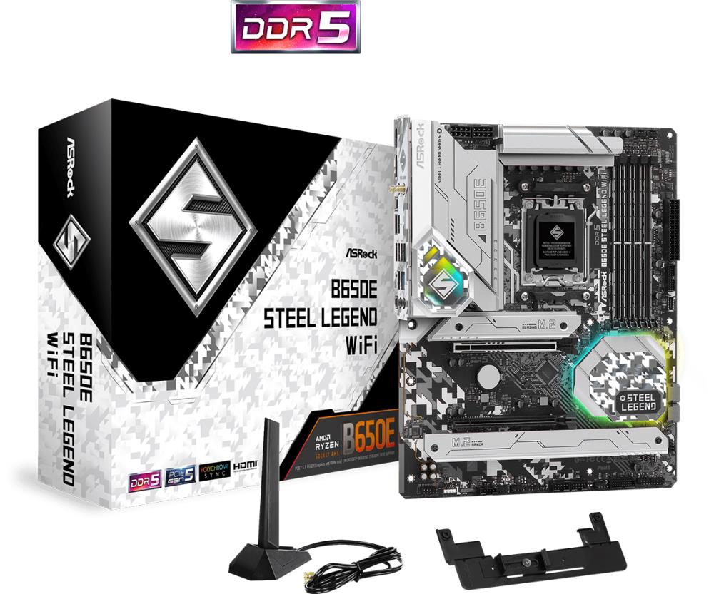 Mainboard ASROCK AMD B650 SAM5 ATX Memory DDR5 Memory slots 4 1xPCI-Express 3 0 16x 1xPCI-Express 5 0 16x 3xM 2 1xHDMI 1xDisplayPort 1xAudio-Out 1xMicrophone 2xUSB 2 0 5xUSB 3 2 1xUSB-C 1xOptical S PDIF 1xRJ45 B650ESTEELLEGENDWIFI