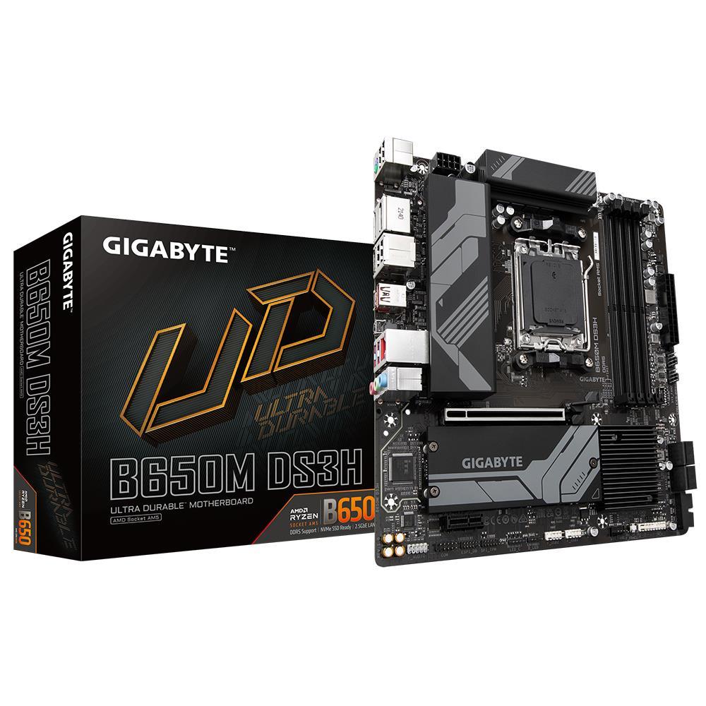 Mainboard GIGABYTE AMD B650 Micro-ATX Memory DDR5 Memory slots 4 1xPCI-Express 3 0 1x 1xPCI-Express 4 0 16x 2xM 2 1xHDMI 2xDisplayPort 4xUSB 2 0 3xUSB 3 2 1xUSB-C 1xPS 2 1xRJ45 3xAudio port B650MDS3H1 3