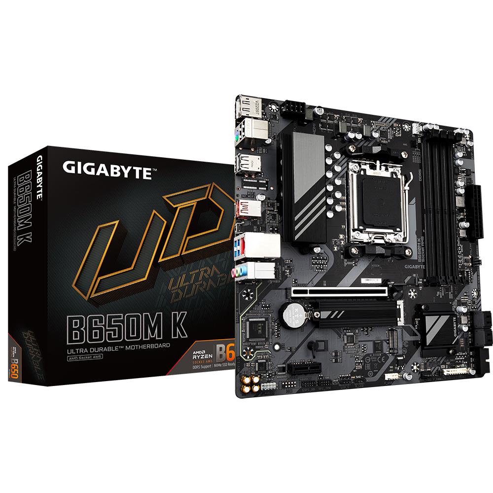 Mainboard GIGABYTE AMD B650 SAM5 Micro-ATX Memory DDR5 Memory slots 4 1xPCI-Express 3.0 1x 1xPCI-Express 4.0 16x 2xM.2 1xHDMI 1xDisplayPort 4xUSB 2.0 3xUSB 3.2 1xUSB-C 1xPS 2 1xRJ45 3xAudio port B650MK