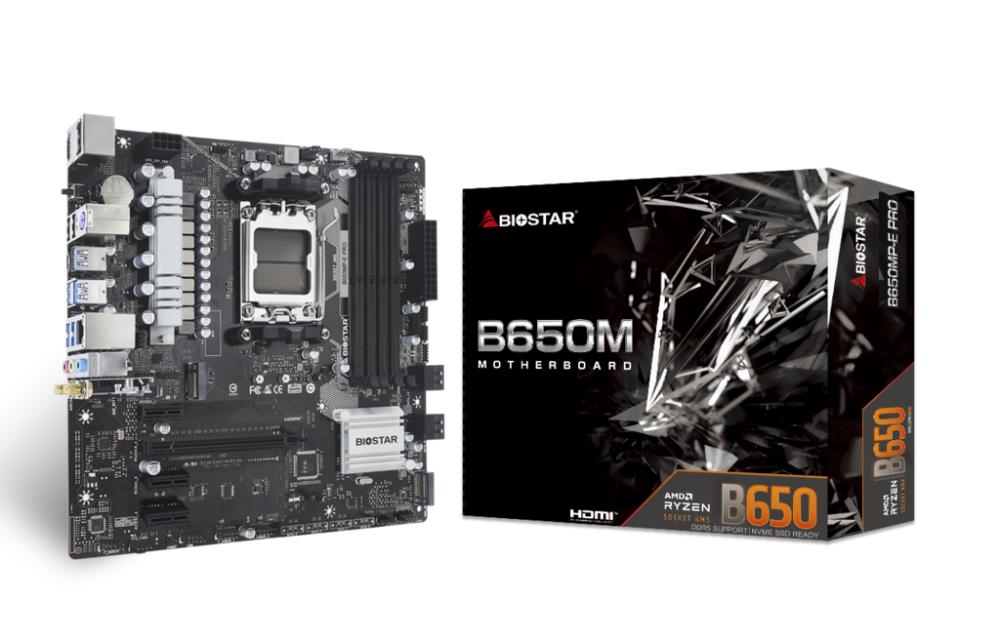 Mainboard BIOSTAR AMD B650 SAM5 Micro-ATX Memory DDR5 Memory slots 4 3xPCI-Express 4 0 1x 1xPCI-Express 4 0 16x 1xM 2 1xHDMI 1xDisplayPort 2xUSB 2 0 5xUSB 3 2 1xUSB-C 1xPS 2 1xRJ45 3xAudio port 2xWiFi antenna port B650MP-EPRO