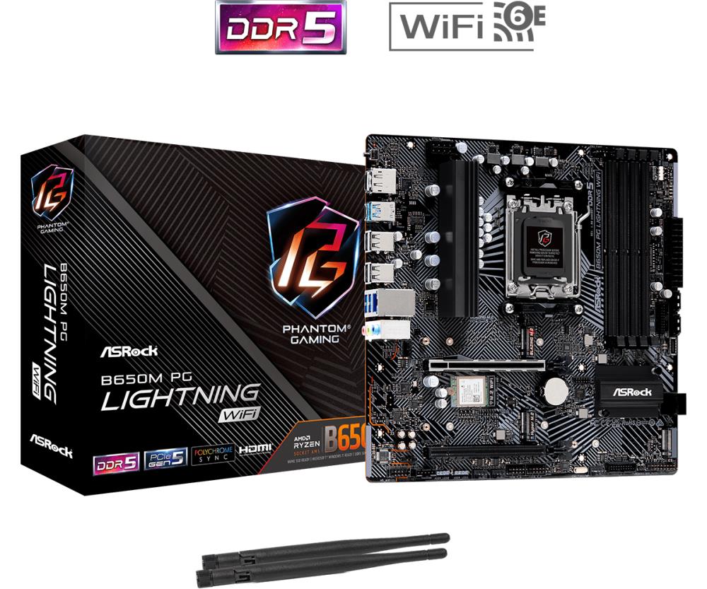 Mainboard ASROCK AMD B650 SAM5 Micro-ATX Memory DDR5 Memory slots 4 1xPCI-Express 3 0 16x 1xPCI-Express 4 0 16x 3xM 2 1xHDMI 1xDisplayPort 4xUSB 2 0 3xUSB 3 2 1xUSB-C 1xRJ45 3xAudio port B650MPGLIGHTNINGWIFI