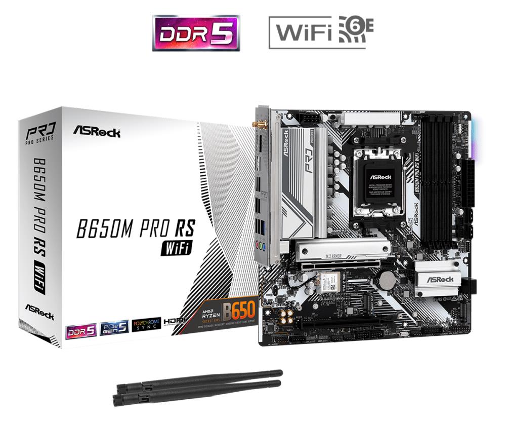 Mainboard ASROCK AMD B650 SAM5 Micro-ATX Memory DDR5 Memory slots 4 1xPCI-Express 3 0 16x 1xPCI-Express 4 0 16x 1xM 2 1xHDMI 1xDisplayPort 4xUSB 2 0 3xUSB 3 2 1xUSB-C 1xRJ45 B650MPRORSWIFI