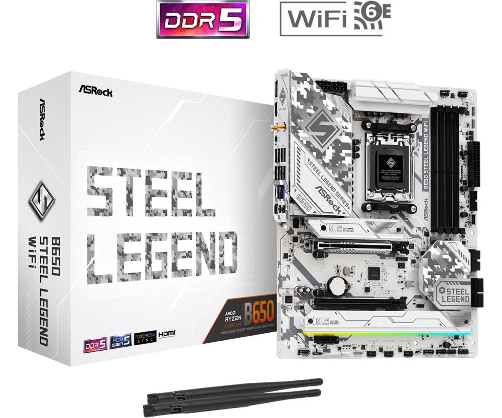 Mainboard ASROCK AMD B650 SAM5 ATX Memory DDR5 Memory slots 4 1xPCI-Express 3 0 16x 1xPCI-Express 4 0 1x 1xPCI-Express 5 0 16x 1xM 2 1xHDMI 1xDisplayPort 8xUSB 2 0 3xUSB 3 2 2xUSB-C 1xRJ45 2xAudio port B650STEELLEGENDWIFI