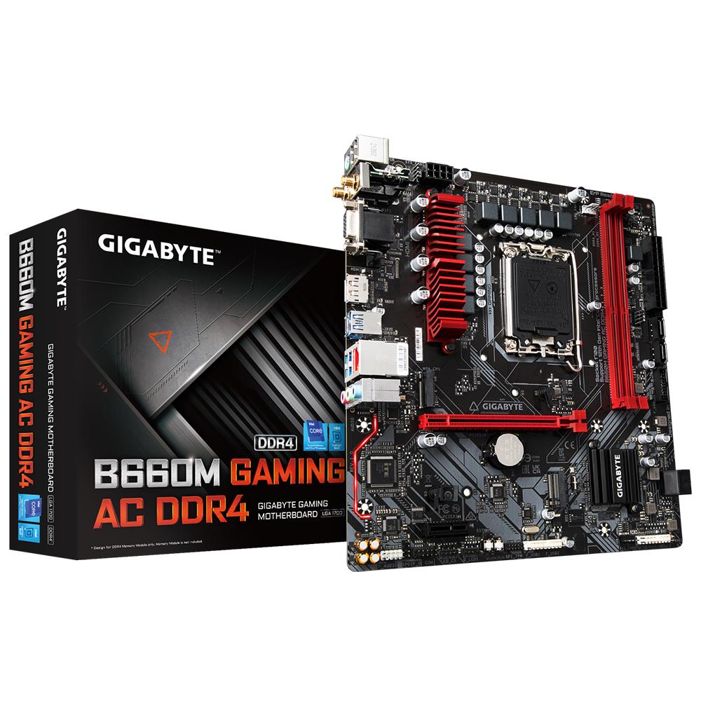 Mainboard GIGABYTE Intel B660 LGA1700 Micro-ATX Memory DDR4 Memory slots 2 1xPCI-Express 3.0 1x 1xPCI-Express 4.0 16x 1xM.2 1x15pin D-sub 1xHDMI 1xDisplayPort 1xAudio-In 1xAudio-Out 1xMicrophone 2xUSB 2.0 3xUSB 3.2 1xUSB-C 1xPS 2 1xRJ45 B660MGAMINGACDDR41.1