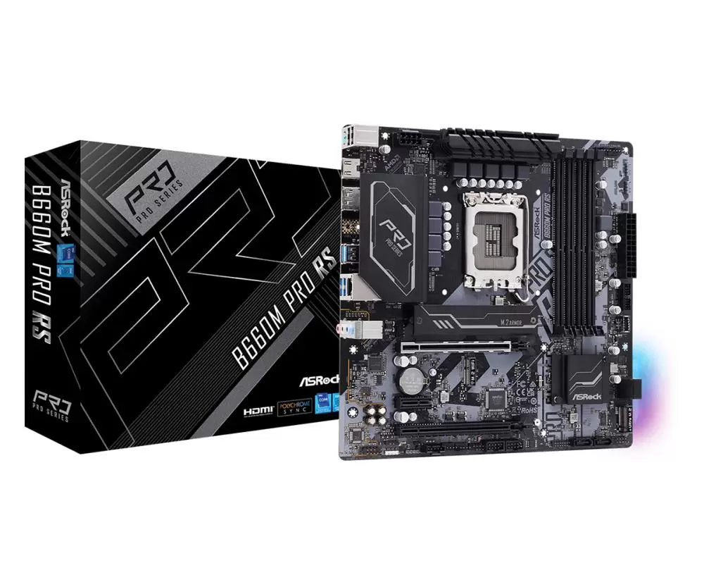 Mainboard ASROCK Intel B660 LGA1700 MicroATX Memory DDR4 Memory slots 4 1xPCI-Express 3.0 1x 1xPCI-Express 3.0 4x 1xPCI-Express 4.0 16x 2xM.2 1xHDMI 1xDisplayPort 2xAudio-In 1xAudio-Out 2xUSB 2.0 4xUSB 3.2 1xPS 2 1xRJ45 B660MPRORS