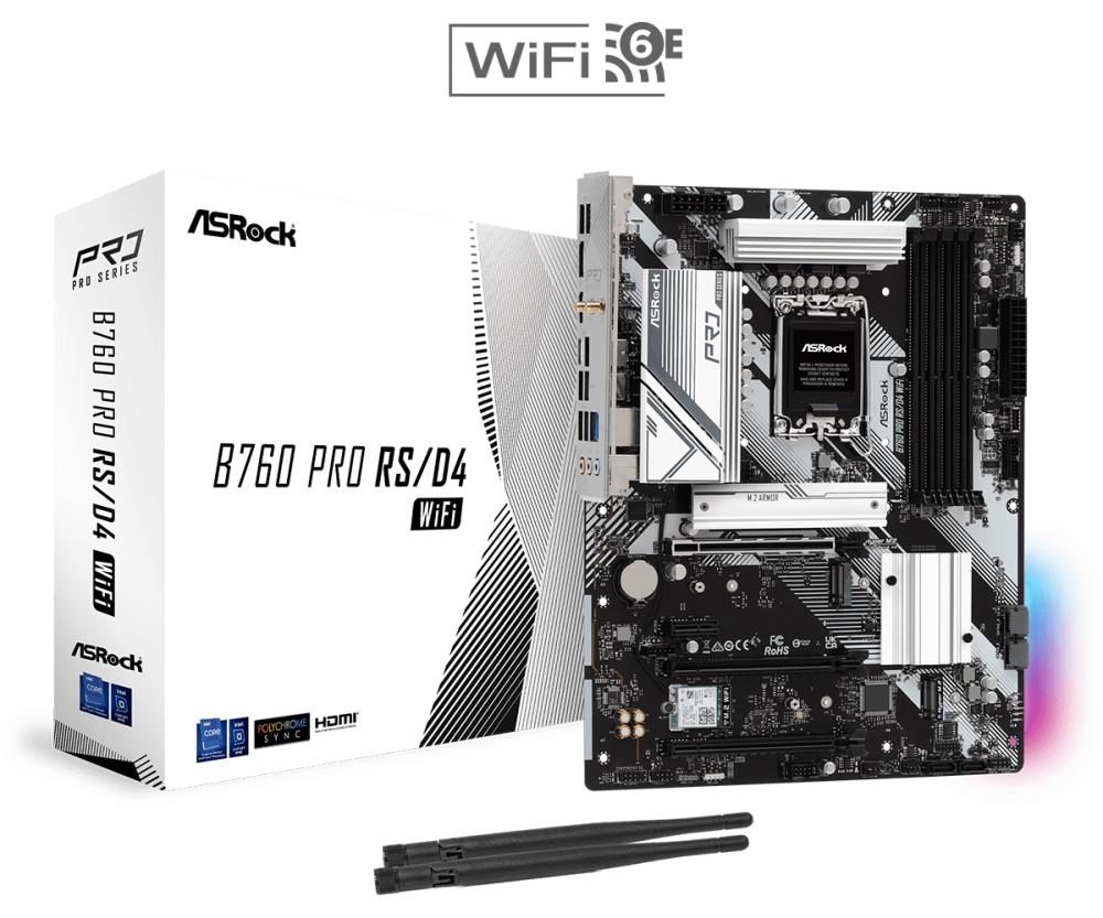 Mainboard ASROCK Intel B760 Express LGA1700 ATX Memory DDR4 Memory slots 4 1xPCI-Express 3 0 1x 1xPCI-Express 3 0 16x 2xPCI-Express 4 0 16x 1xM 2 1xHDMI 1xDisplayPort 2xUSB 2 0 5xUSB 3 2 1xUSB-C 1xRJ45 3xAudio port B760 PRO RS D4 WIFI
