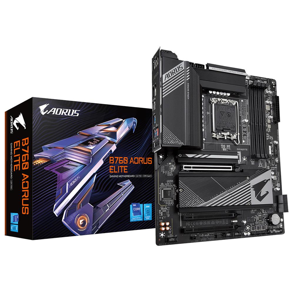 Mainboard GIGABYTE Intel B760 Express LGA1700 ATX Memory DDR5 Memory slots 4 1xPCI-Express 3.0 1x 1xPCI-Express 3.0 4x 1xPCI-Express 4.0 16x 3xM.2 1xHDMI 1xDisplayPort 1xAudio-In 1xAudio-Out 4xUSB 2.0 5xUSB 3.2 1xUSB-C 1xOptical S PDIF 1xRJ45 B760AORUSELITE