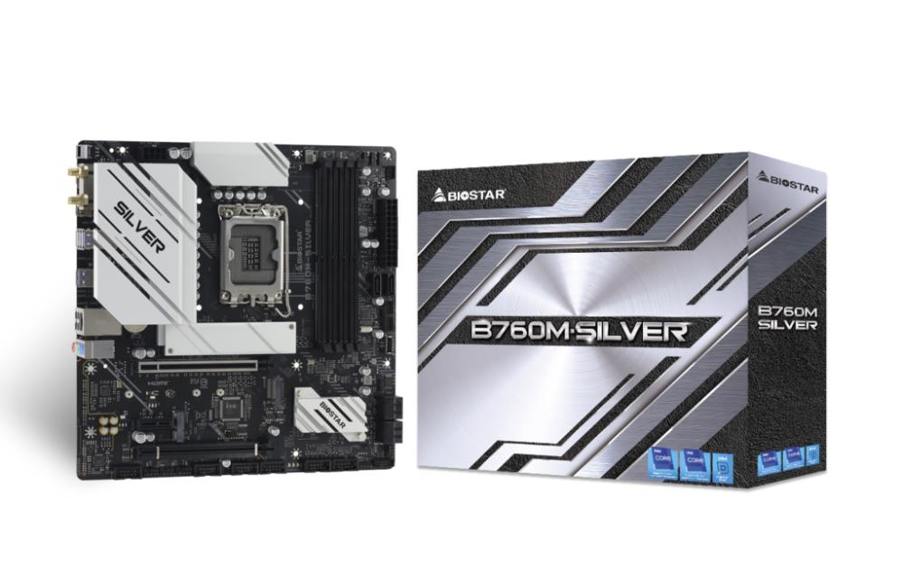 Mainboard BIOSTAR Intel B760 Express LGA1700 Micro-ATX Memory DDR5 Memory slots 4 1xPCI-Express 3.0 1x 1xPCI-Express 4.0 16x 1xPCI-Express 5.0 16x 2xM.2 1xHDMI 1xDisplayPort 2xUSB 2.0 5xUSB 3.2 1xUSB-C 1xRJ45 3xAudio port B760M-SILVER