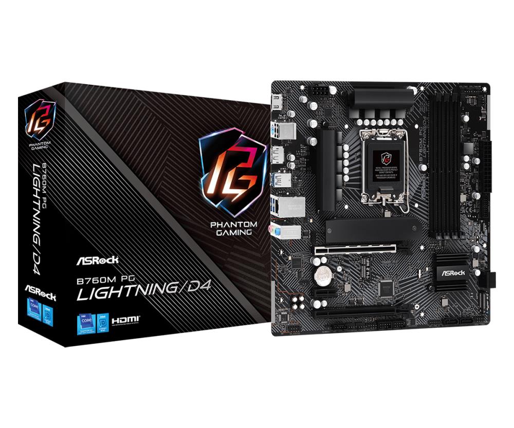 Mainboard ASROCK Intel B760 Express LGA1700 Micro-ATX Memory DDR4 Memory slots 4 1xPCI-Express 4 0 1x 2xPCI-Express 4 0 16x 3xM 2 1xHDMI 1xDisplayPort 2xUSB 2 0 3xUSB 3 2 1xUSB-C 1xPS 2 1xRJ45 3xAudio port B760MPGLIGHTNING D4