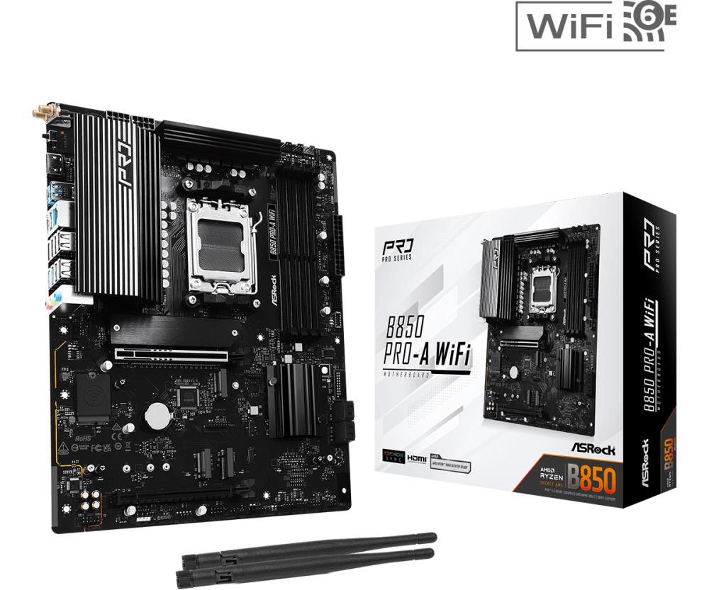 Mainboard ASROCK AMD B850 SAM5 ATX Memory DDR5 Memory slots 4 1xPCI-Express 4 0 16x 1xPCI-Express 5 0 16x 1xM 2 1xHDMI 1xAudio-In 1xAudio-Out 1xMicrophone 6xUSB 2 0 4xUSB 3 2 1xUSB-C 1xRJ45 B850PRO-AWIFI