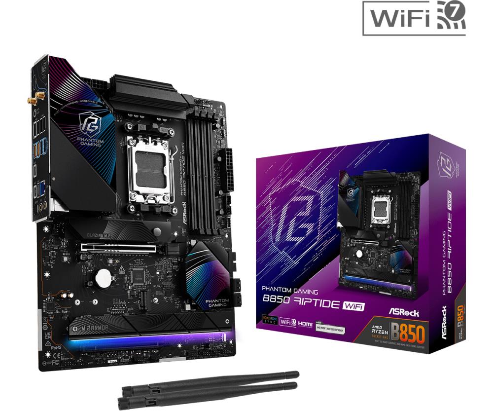 Mainboard ASROCK AMD B850 SAM5 ATX Memory DDR5 Memory slots 4 1xPCI-Express 4 0 16x 1xPCI-Express 5 0 16x 1xM 2 1xHDMI 1xAudio-In 1xAudio-Out 8xUSB 2 0 9xUSB 3 2 3xUSB-C 1xOptical S PDIF 1xRJ45 B850RIPTIDEWIFI
