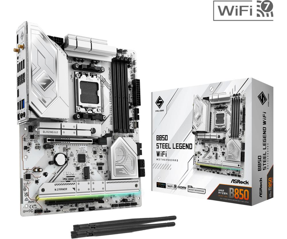 Mainboard ASROCK AMD B850 SAM5 ATX Memory DDR5 Memory slots 4 1xPCI-Express 4 0 16x 1xPCI-Express 5 0 16x 1xM 2 1xHDMI 1xAudio-In 1xAudio-Out 4xUSB 2 0 5xUSB 3 2 2xUSB-C 1xOptical S PDIF 1xRJ45 B850STEELLEGENDWIFI