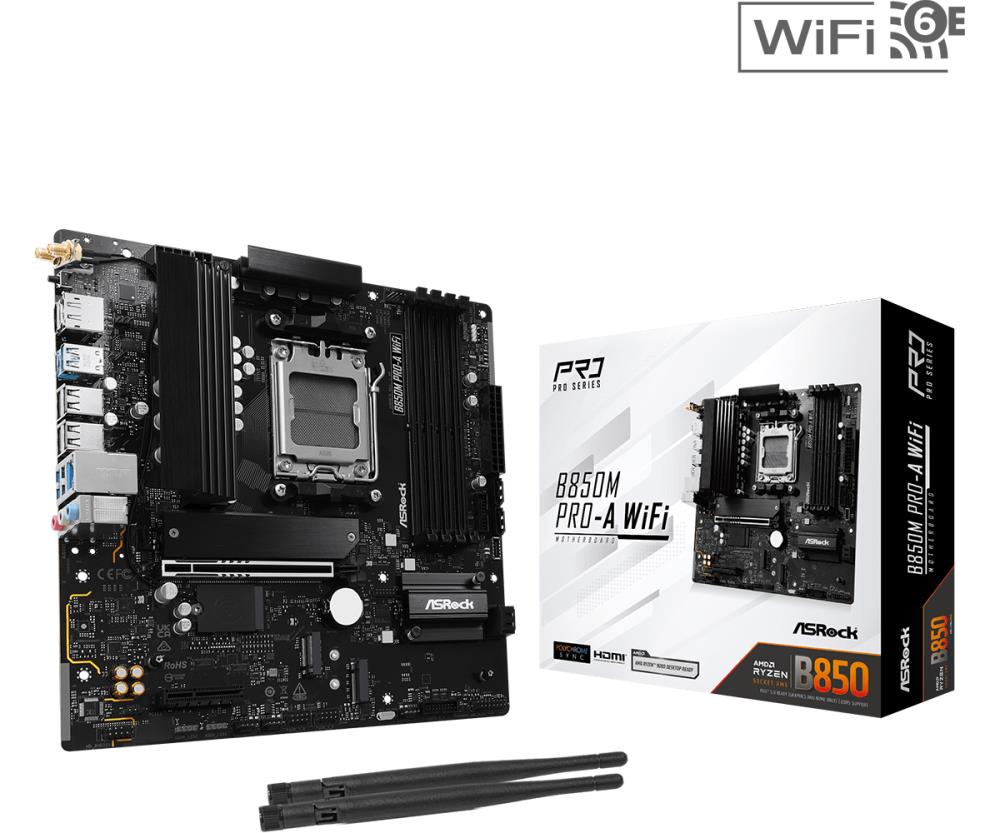 Mainboard ASROCK 1xPCI-Express 4 0 4x  1xPCI-Express 5 0 16x 1xM 2 1xHDMI 1xDisplayPort 1xAudio-In 1xAudio-Out 1xMicrophone 4xUSB 2 0 3xUSB 3 2 1xUSB-C 1xRJ45 B850MPRO-AWIFI