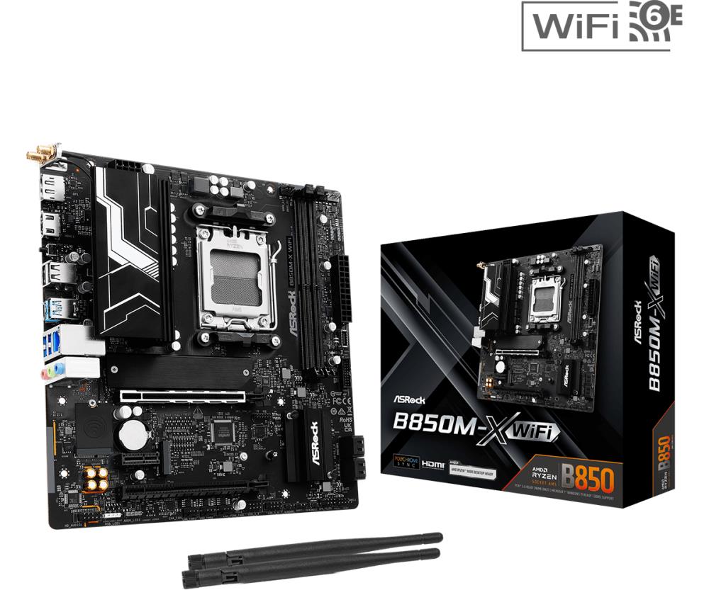 Mainboard ASROCK AMD B850 SAM5 Micro-ATX Memory DDR5 Memory slots 2 1xPCI-Express 4 0 1x 2xPCI-Express 4 0 16x 1xM 2 1xHDMI 1xDisplayPort 1xAudio-In 1xAudio-Out 1xMicrophone 2xUSB 2 0 3xUSB 3 2 1xUSB-C 1xRJ45 B850M-XWIFI