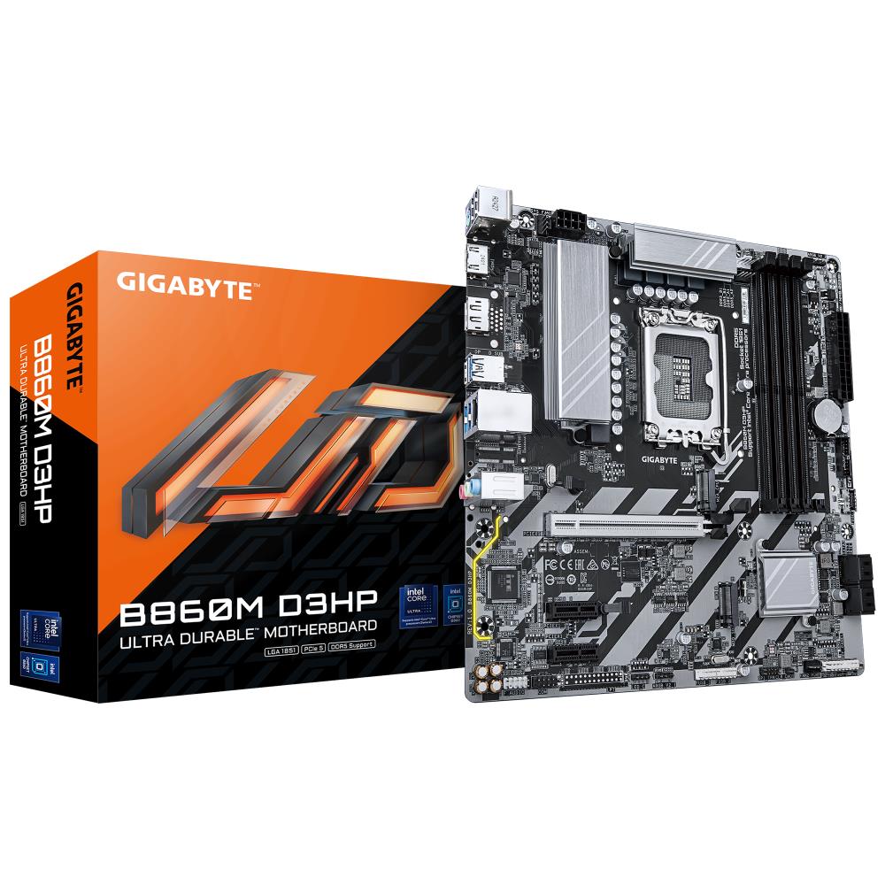Mainboard GIGABYTE Intel B860 Express LGA1851 Micro-ATX Memory DDR5 Memory slots 4 2xPCI-Express 1x 1xPCI-Express 16x 2xM 2 1xHDMI 1xDisplayPort 1xAudio-In 1xAudio-Out 1xMicrophone 3xUSB 2 0 3xUSB 3 2 1xPS 2 1xRJ45 B860MD3HP1 0