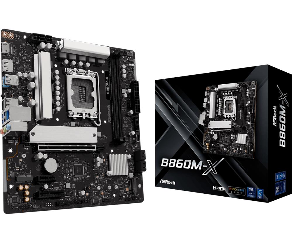 Mainboard ASROCK Intel B860 Express LGA1851 Micro-ATX Memory DDR5 Memory slots 2 1xPCI-Express 4 0 1x 1xPCI-Express 4 0 4x  1xPCI-Express 4 0 16x 1xM 2 1xHDMI 1xDisplayPort 1xAudio-In 1xAudio-Out 1xMicrophone 2xUSB 2 0 3xUSB 3 2 1xUSB-C 1xRJ45 B860M-X