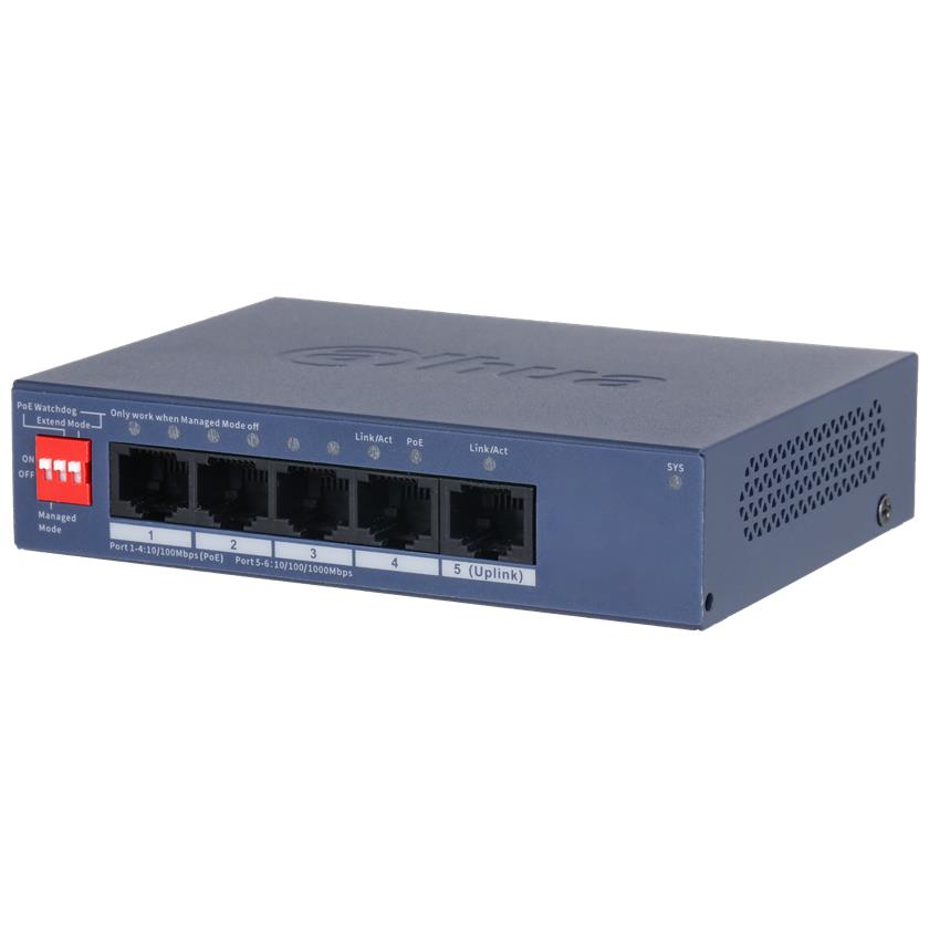 Switch DAHUA DH-CS4005-4ET1GT-36 Switch layer L2 4xRJ-45 ports RJ-45 Ports Type Fast Ethernet  10 100  1xGigabit Ethernet  copper  ports quantity 4xPower over Ethernet  PoE  ports quantity Total Power over Ethernet  PoE  budget 36 W CS4005-4ET1GT-36