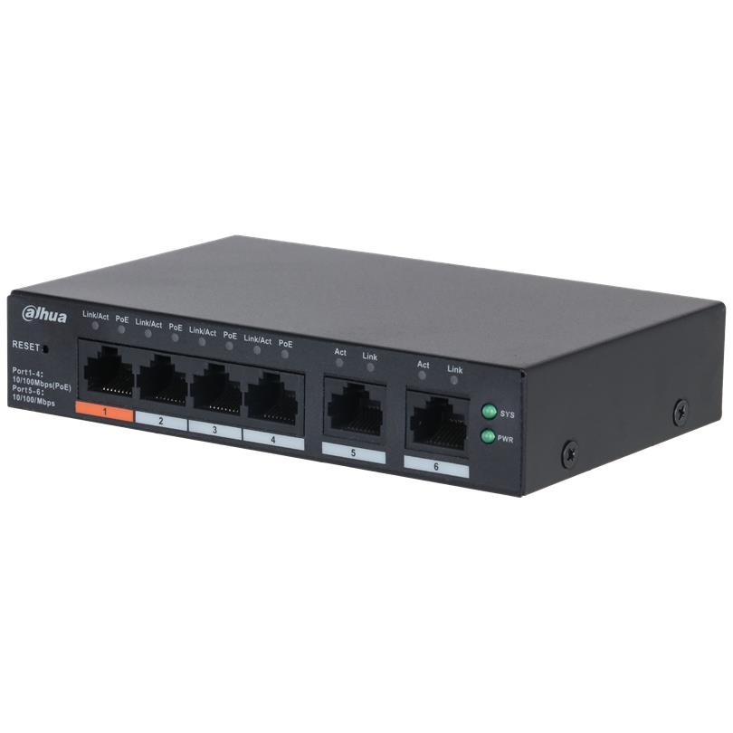 Switch DAHUA DH-CS4006-4ET2ET-60 Switch type Managed Switch layer L2 6xRJ-45 ports RJ-45 Ports Type Gigabit Ethernet  10 100 1000  4xFast Ethernet  copper  ports quantity 2xGigabit Ethernet  copper  ports quantity Power over Ethernet  PoE  Yes 4xPower over Ethernet  PoE  ports quantity Total Power over Ethernet  PoE  budget 60 W CS4006-4ET2ET-60