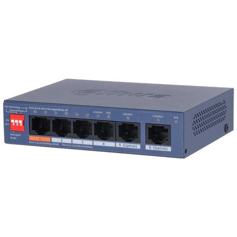 Switch DAHUA DH-CS4006-4ET2GT-60 Switch layer L2 2xRJ-45 ports RJ-45 Ports Type Fast Ethernet  10 100  4xGigabit Ethernet  copper  ports quantity Power over Ethernet  PoE  Yes 4xPower over Ethernet  PoE  ports quantity Total Power over Ethernet  PoE  budget 60 W CS4006-4ET2GT-60