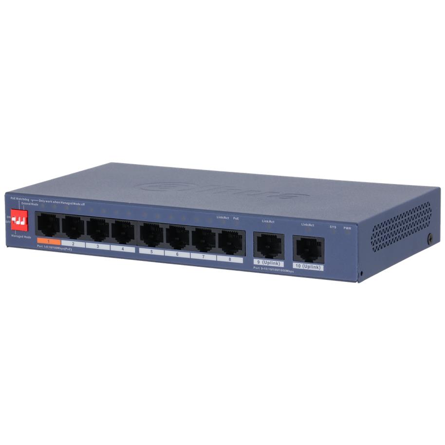 Switch DAHUA DH-CS4010-8ET2GT-60 Switch layer L2 8xRJ-45 ports RJ-45 Ports Type Fast Ethernet  10 100  2xGigabit Ethernet  copper  ports quantity 8xPower over Ethernet  PoE  ports quantity Total Power over Ethernet  PoE  budget 60 W CS4010-8ET2GT-60