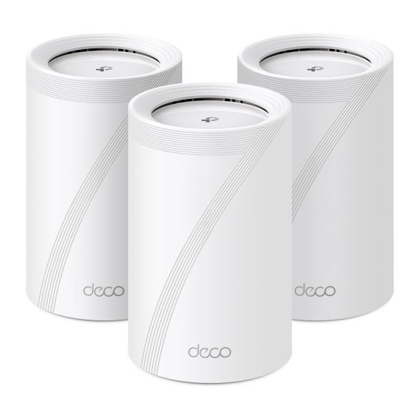 Wireless Router TP-LINK TP-LINK DECO BE65 3-PACK  Product type Mesh system Qtty 3 pc s  Qtty 3 pc s  Wi-Fi band Tri-band  2 4 GHz   5 GHz   6 GHz  Wi-Fi 7  802 11be  Ethernet WAN Yes 4xEthernet LAN  RJ-45  ports WLAN speed 9214 Mbit s White DECOBE65 3-PACK 