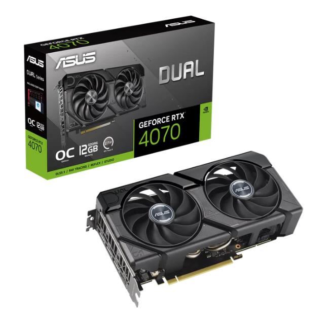 Graphics Card ASUS NVIDIA GeForce RTX 4070 12 GB GDDR6 192 bit PCIE 4 0 16x Triple slot Fansink 1xHDMI 3xDisplayPort DUAL-RTX4070-O12GD6-EVO