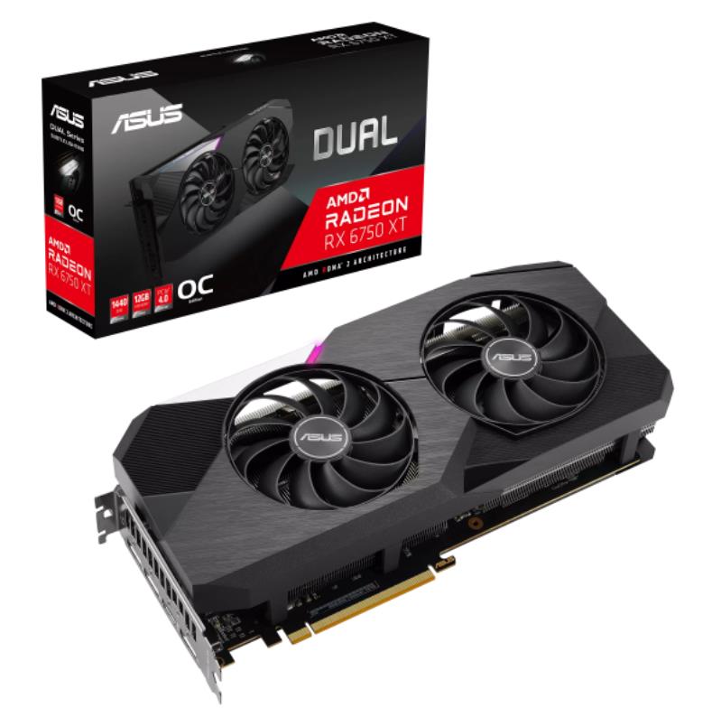 Graphics Card ASUS AMD Radeon RX 6750 XT 12 GB GDDR6 192 bit PCIE 4.0 16x Two point Seven Slot Fansink 1xHDMI 3xDisplayPort DUAL-RX6750XT-O12G