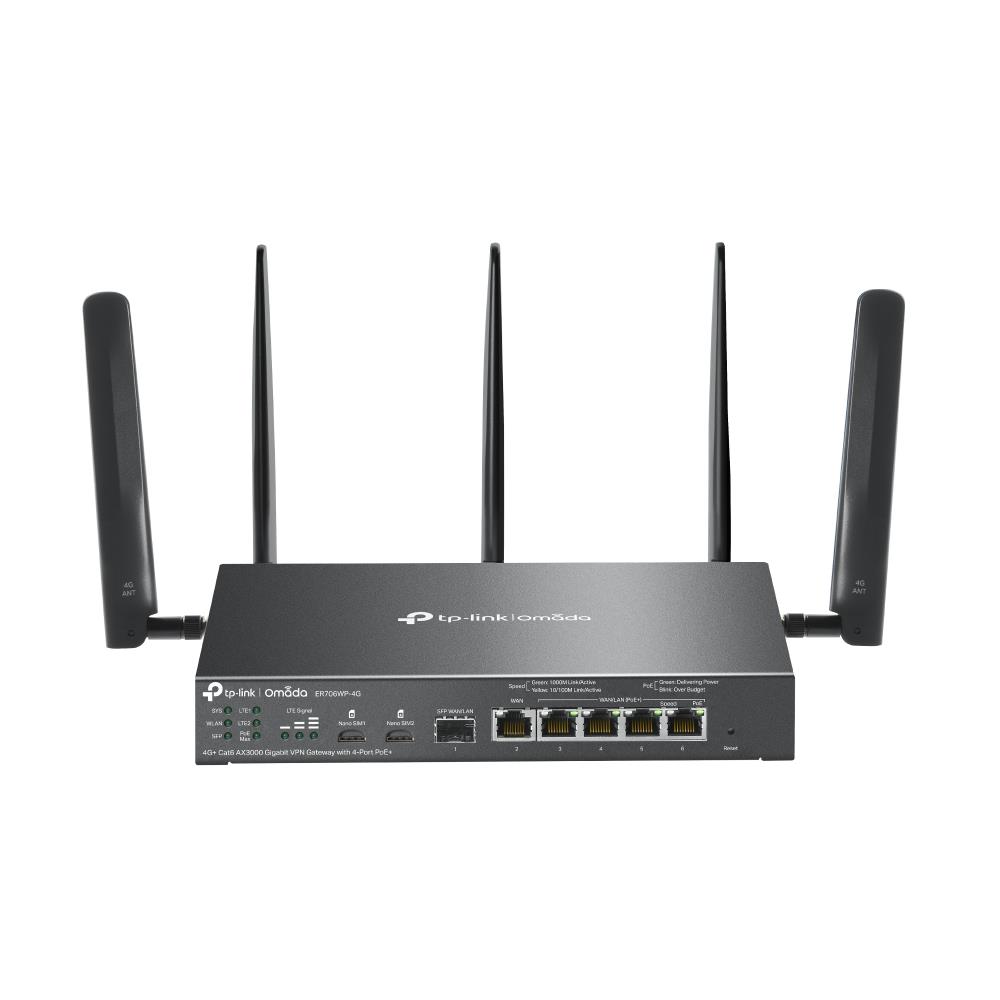 Wireless Router TP-LINK ER706WP-4G Data speed 300 Mbit s Ethernet WAN Yes DSL WAN Yes SIM card slot Yes WAN connection type RJ-45 Ethernet LAN Yes Dual SIM support Yes 5xLAN ports USB port Yes ER706WP-4G