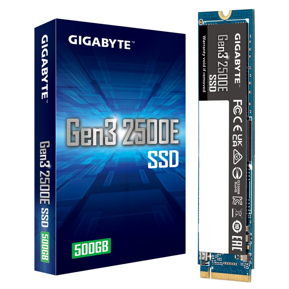 SSD GIGABYTE Gen3 2500E 500GB M.2 PCIE NVMe Write speed 1500 MBytes sec Read speed 2300 MBytes sec 2.3mm MTBF 1500000 hours G325E500G