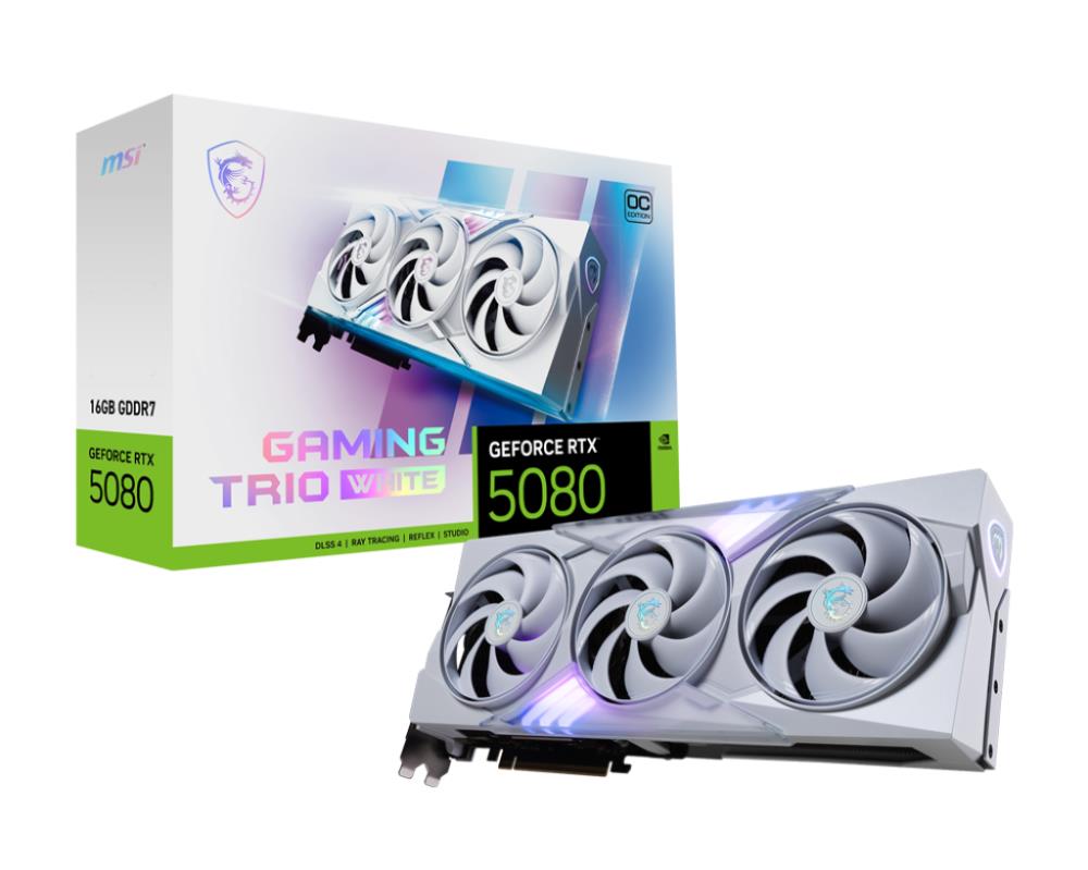 Graphics Card MSI NVIDIA GeForce RTX 5080 16 GB GDDR7 256 bit PCIE 5 0 16x Dual Slot Fansink 1xHDMI 3xDisplayPort 508016GGAMTRIOOCWHI