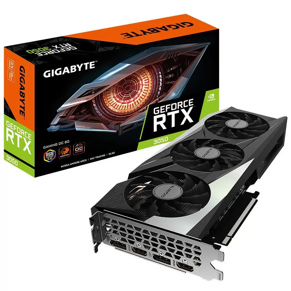Graphics Card GIGABYTE NVIDIA GeForce RTX 3050 8 GB 128 bit PCIE 4.0 16x GDDR6 Memory 14000 MHz GPU 1822 MHz 2xHDMI 2xDisplayPort GV-N3050GAMINGOC-8GD