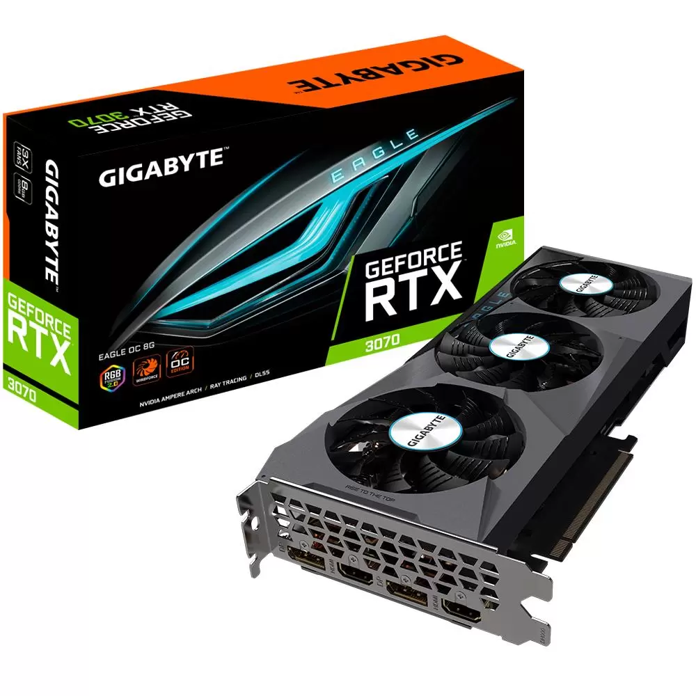 Graphics Card GIGABYTE NVIDIA GeForce RTX 3070 8 GB 256 bit PCIE 4.0 16x GDDR6 Memory 14000 MHz GPU 1770 MHz 2xHDMI 2xDisplayPort GV-N3070EAGLEOC-8GD2.0